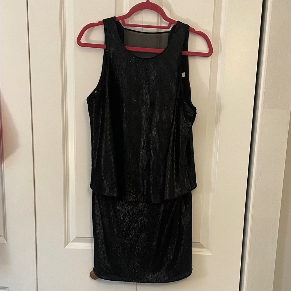 Halston Heritage Black Sequined Layered Dress w/ Sheer-Panel Back